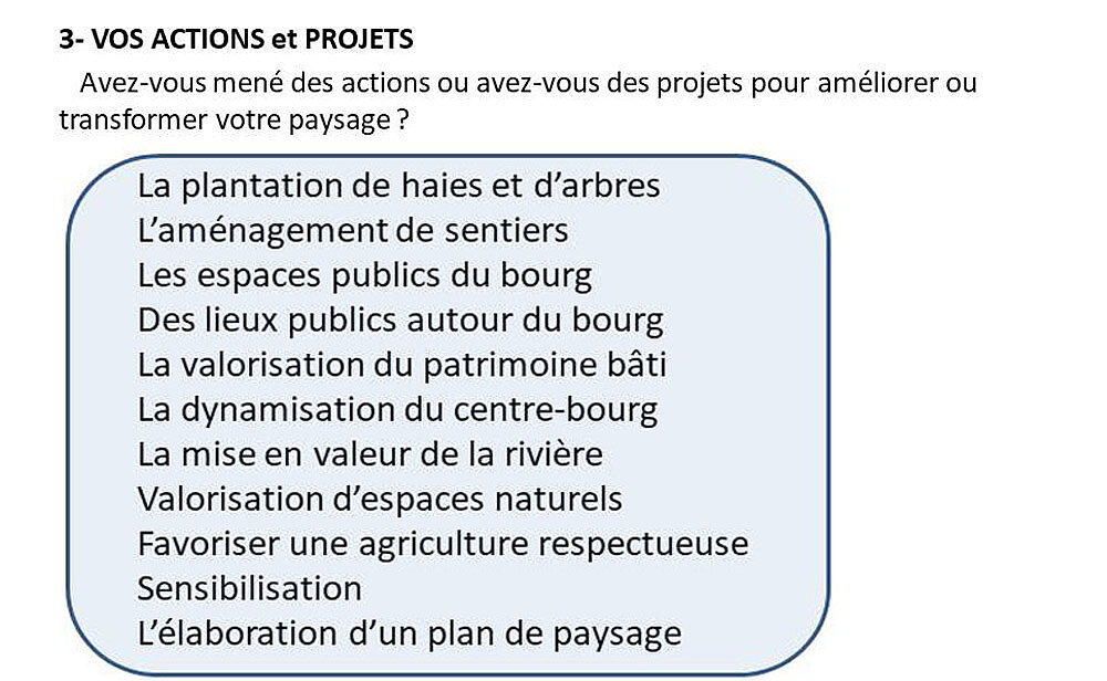 3- VOS ACTIONS et PROJETS   Avez-vous mené des actions ou avez-vous des projets pour améliorer ou transformer votre paysage ? Réponses : La plantation de haies et d’arbres L’aménagement de sentiers Les espaces publics du bourg Des espaces publics autour du bourg La valorisation du patrimoine bâti La dynamisation du centre-bourg La mise en valeur de la rivière Valorisation d’espaces naturels Favoriser une agriculture respectueuse La sensibilisation L’élaboration d’un plan de paysage - Agrandir l'image (fenêtre modale)